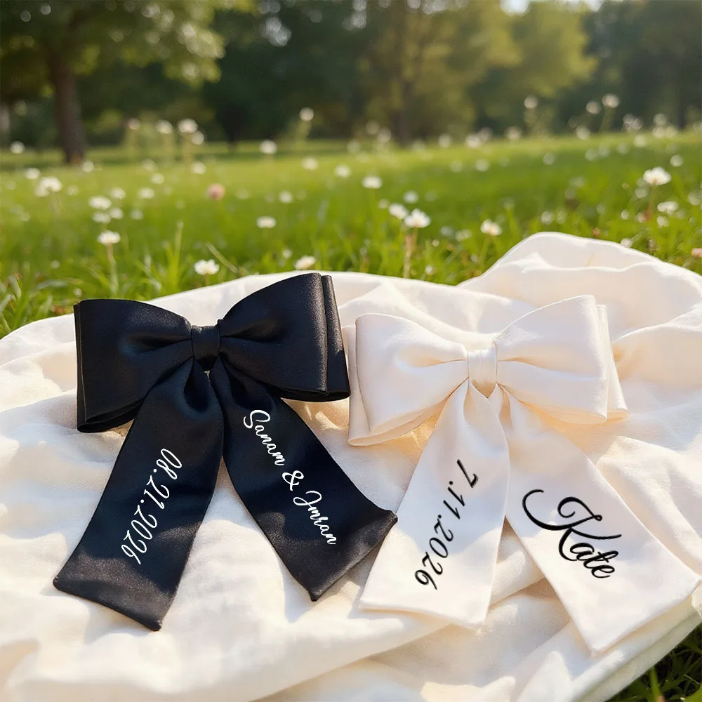 

Персонализированный свадебный бант для волос - индивидуальное имя в элегантном стиле, атласная двухслойная лента с бантом, элегантный винтажный женский аксессуар для волос