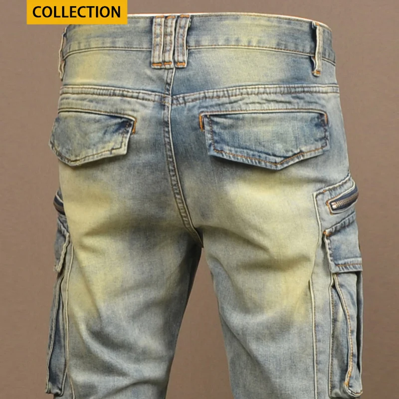 Pantalones vaqueros Retro lavados para hombre, Jeans elásticos ajustados de motorista empalmados, pantalones Cargo de mezclilla Hip Hop de diseñador de bolsillo, moda urbana, azul