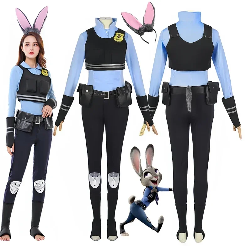 

New Zootopia Judy Bunny Costume Cosplay Headband Dress Halloween Party Clothes Disguise Cartoon Zoo Roleplay Fantasia Outfits