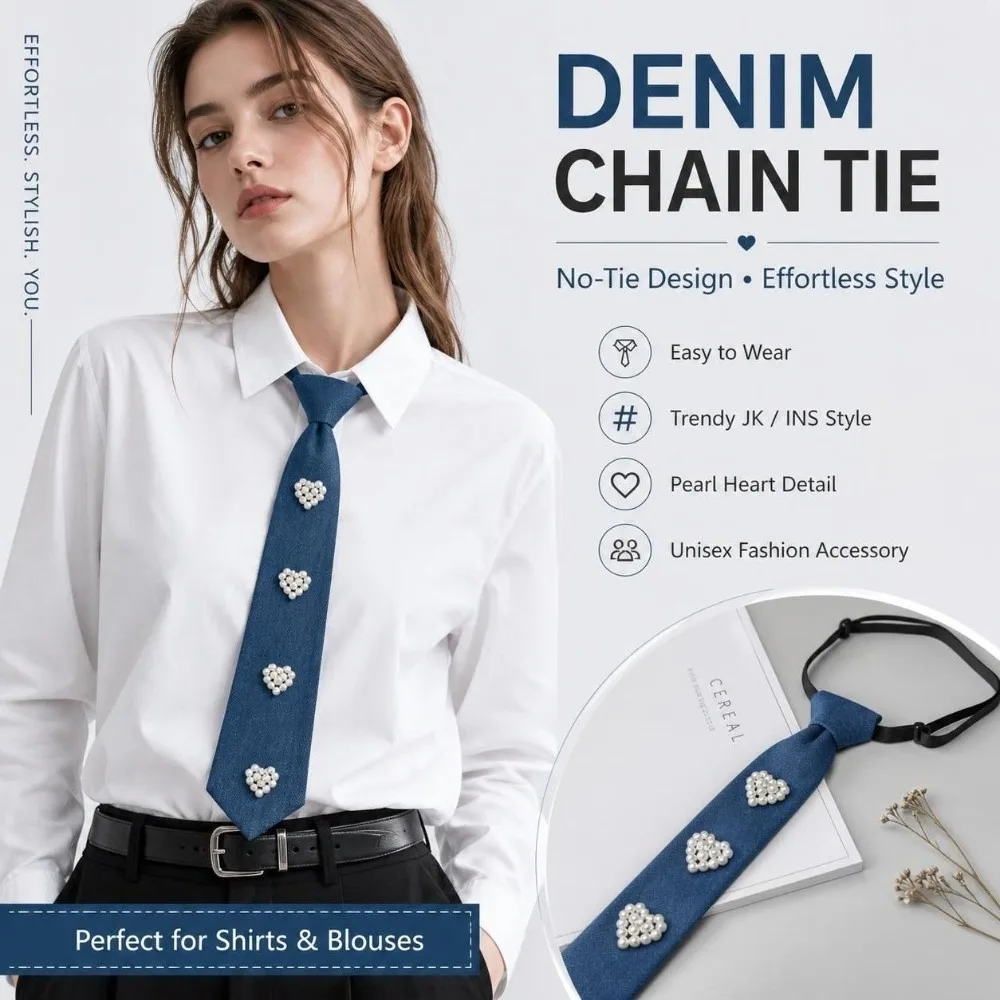 Cowboy Style Denim Pre Tied Necktie with Tassel Beaded Costume JK Tie‌ Jewelry Accessories Adjustable Denim Pearl Necktie