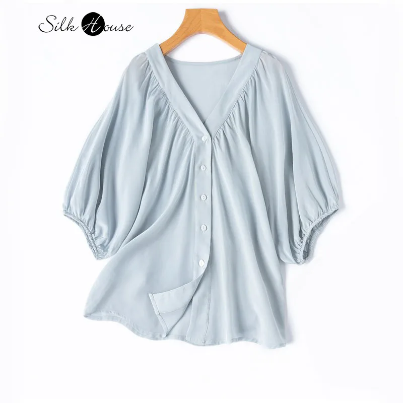 

Cool Vacation Style 100% Natural Mulberry Silk Crepe De Chine V-neck Batwing Lantern Short Sleeve Women's Casual Top