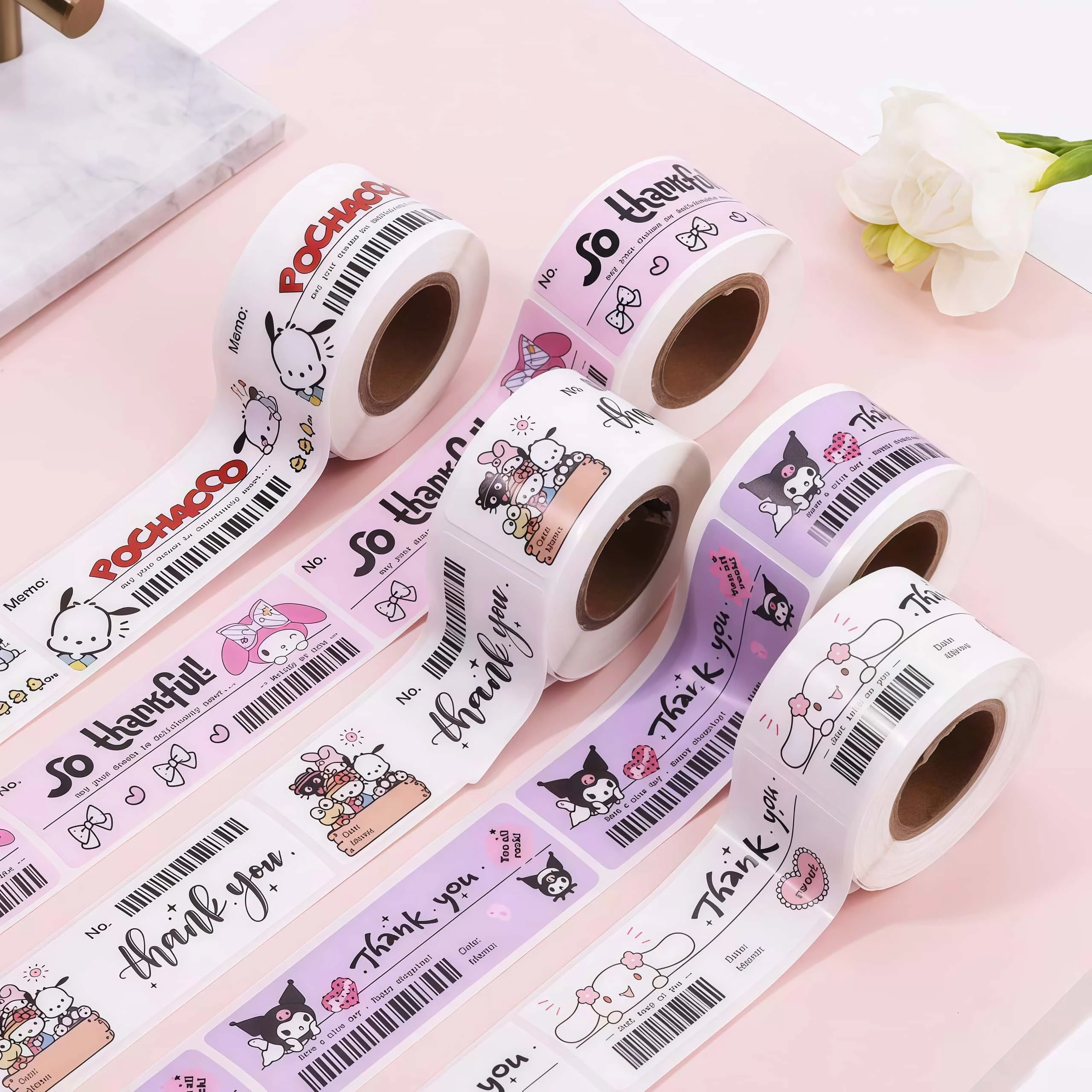 120 قطعة/لفة ملصقات كرتونية شكرًا لك، شارات Kawaii Hello Kitty Kuromi لتغليف الهدايا، مشغولات يدوية ذاتية الصنع |