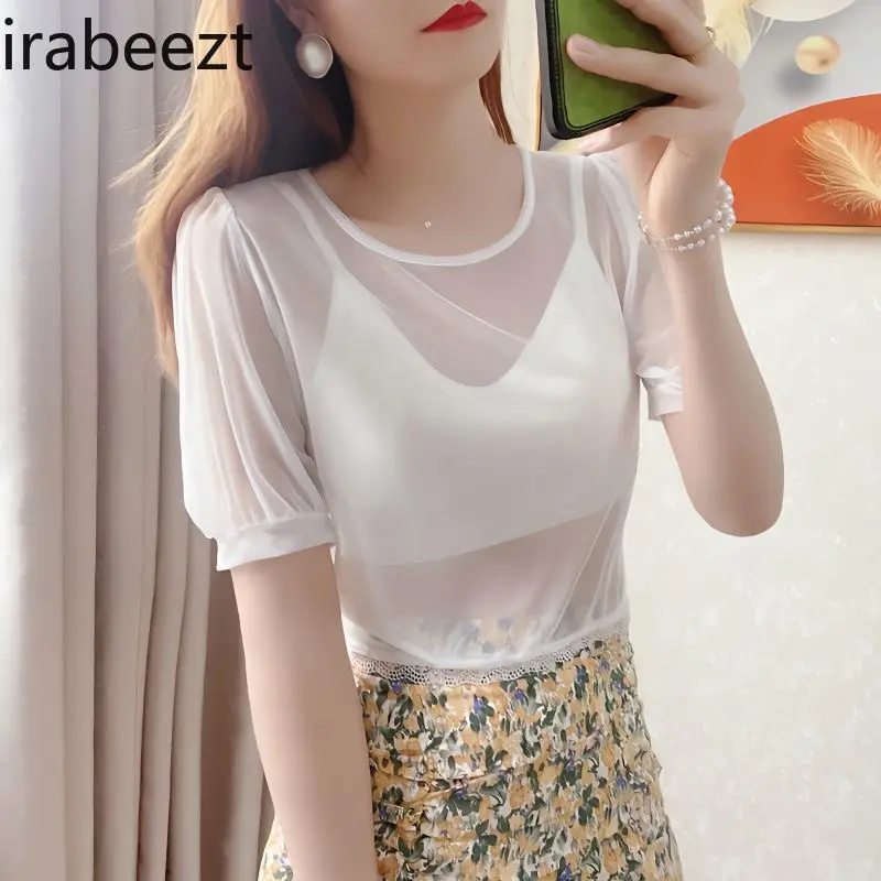 Mesh Undershirt Women's Summer Tops with Short Sleeves Chic Short White Thin Bubble Sleeve Lace Ropa De Mujer Women Blouse