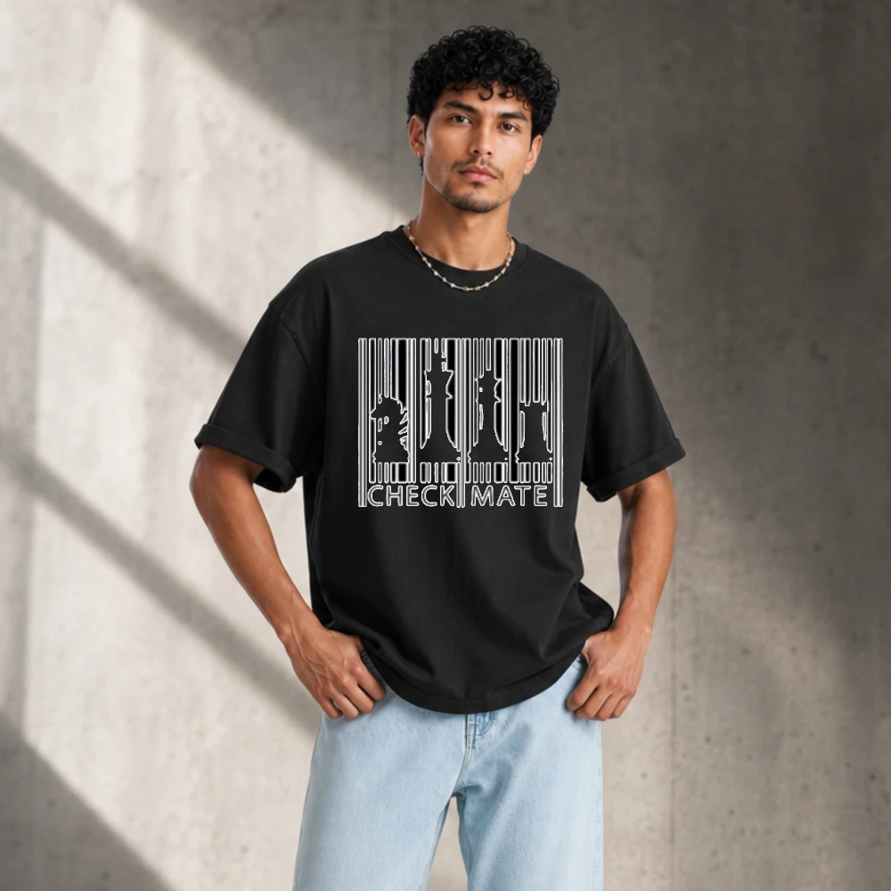 Men Checkmate Barcode Chess Pieces Graphic T-Shirt Cotton Crew Neck Short Sleeve  Knight King Queen Rook Silhouette Print Tees