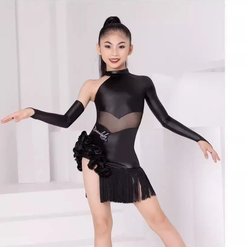 

Autumn and winter Latin girls' high-end long-sleeved off-shoulder dress for training and competition, fringed dance wear