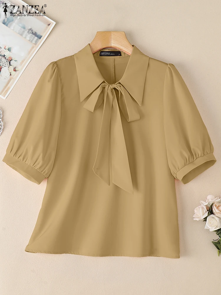 

Women Elegant Short Sleeve Blouses ZANZEA Summer Office Bow Tie Shirt Stylish Solid Work OL Tops Casual Lapel Neck Blusas Tunic