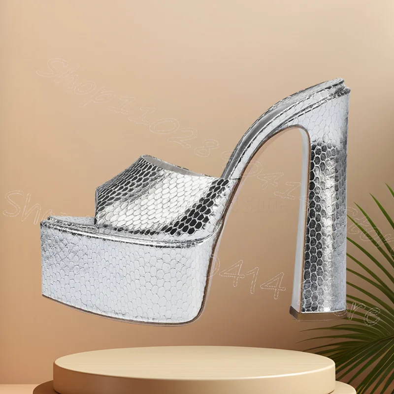 

Silver Fish Scale Print Peep Toe Platform Slippers Slip On Women Shoes Chunky High Heels Party Dating 2026 Zapatos Para Mujere