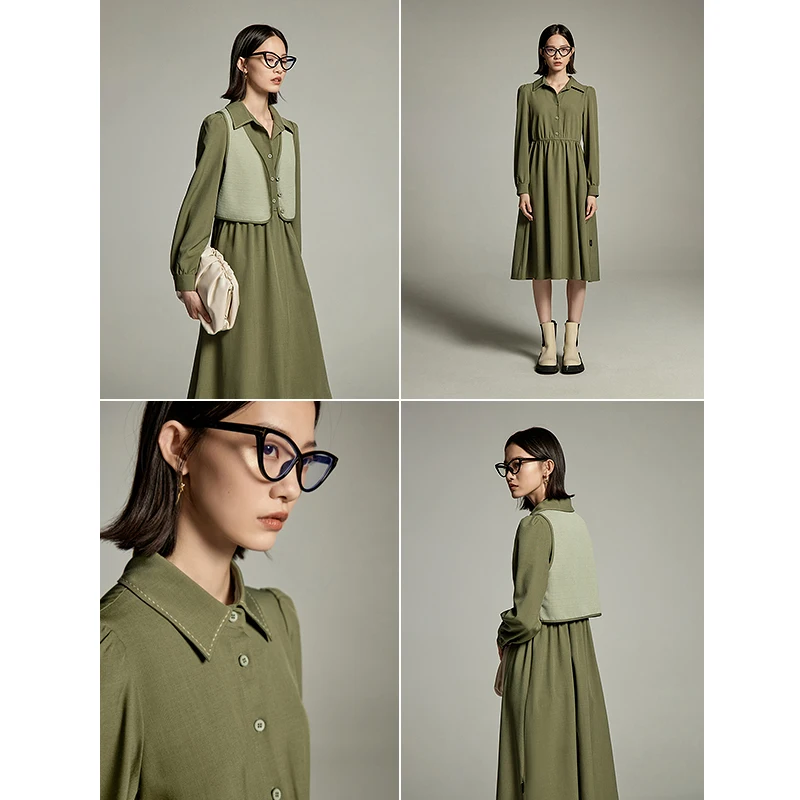 Toyouth Women Two Piece Dress Set with Vest 2023 Autumn Long Sleeve Polo Neck A-shaped Loose Fashion Advanced Green Long Skirt