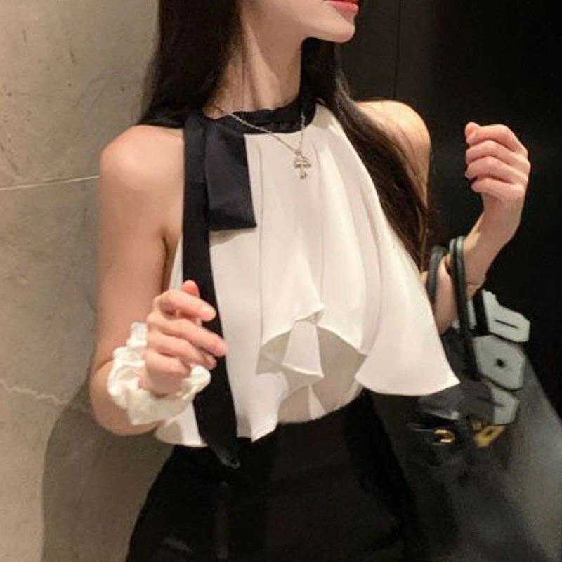 Ruffles Blouses Women Sleeveless Elegant Panelled Summer Vacation Halter Mujer Minority Off Shoulder Casual Aesthetic Sexy Daily