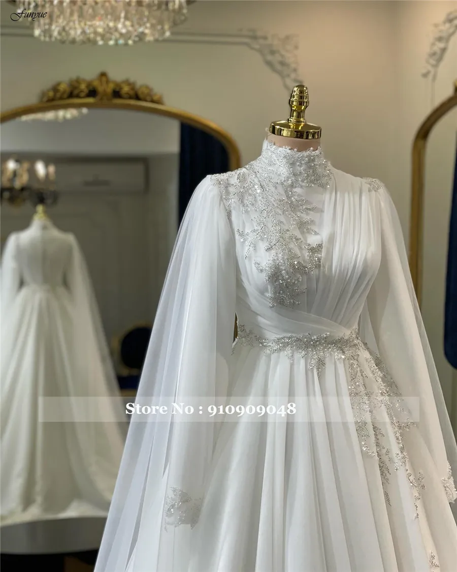 Funyue Vestido De Noiva 2024 Delicate Chiffon with Beading Plus Size Wedding Dresses for Bride Tulle Cape Muslim Bridal Gown