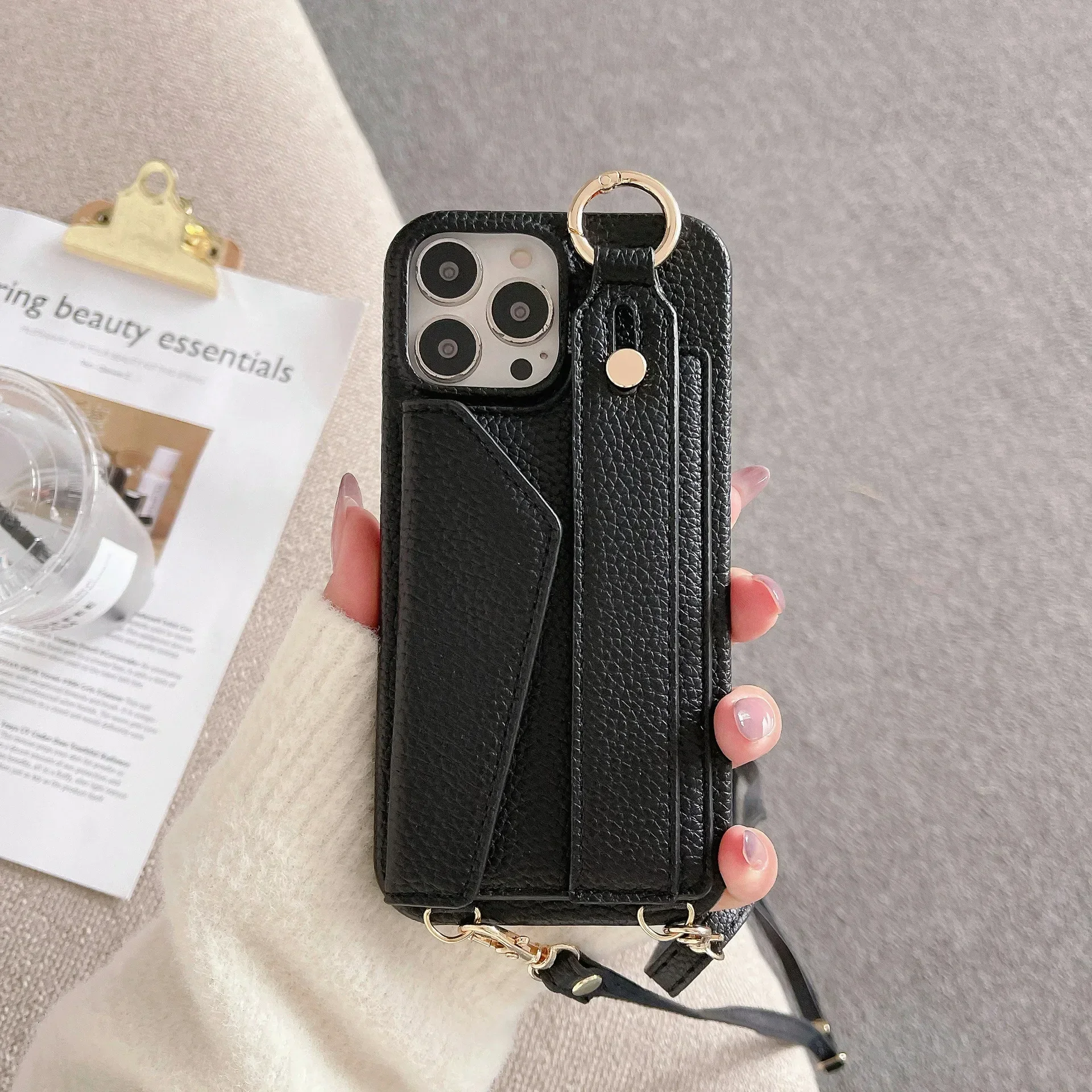 Ring-Crossbody-Handgelenkriemen-Brieftaschen-Lederhülle für iPhone 17 16 15 14 13 12 11 Pro Max Handyhülle mit Kartenfach und Lanyard – Detail 17