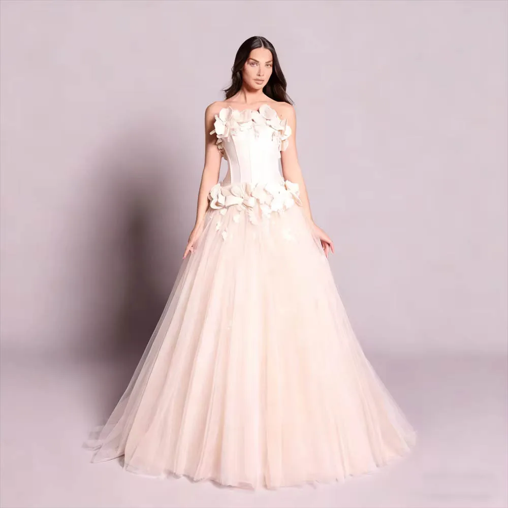 فستان زفاف مخصص بدون حمالات للنساء العروس على شكل حرف a من التل أنيق برباط خلفي بطول الأرض فستان زفاف #1