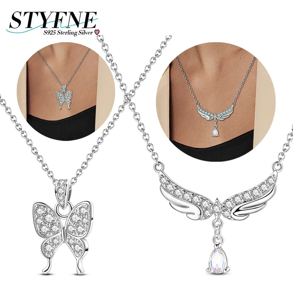 

New Necklace 925 Silver Shiny Zircon Angel Wings Butterfly Necklace for Women Elegant Charm Clavicle Choker Jewelry Gifts
