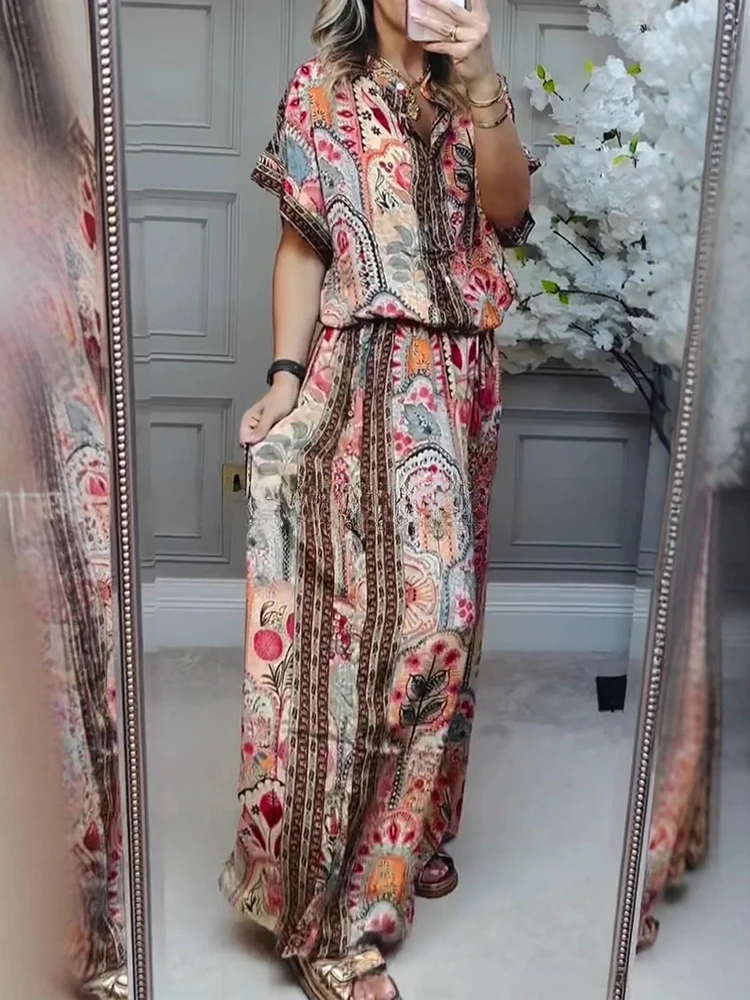 

Summer Women's Short Sleeve Casual Style Polyester Material 2025 New Fashion Printed Round Neck Cardigan Top Wide Leg Pants Set