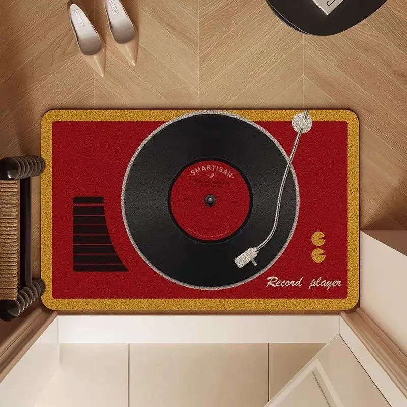 Vintage Record Player PVC Loop Doormat Cuttable Non‑Slip Wear‑Resistant Entrance Foot Mat Home Indoor Door Floor Rug Decor
