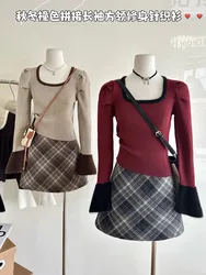 High Quality Casual Outfits 2 Piece Skirt Set Square Collar Tops + Plaid A-Line Skirt Office Lady Autumn Winter Japanese Fashion