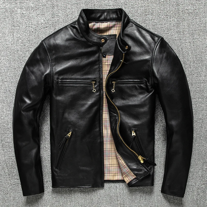 

New Pure Head Layer Sheepskin Leather Jacket Men Stand Collar Slim Motorcycle Trend Leather Jacket Winter Large Size Coat