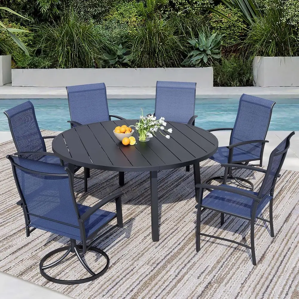 

7 Pieces Outdoor Table and Chairs or 6, 47" Black Round Table with 2 Blue Swivel and 4 Big Chairs, Patio Dining Set with Swivel