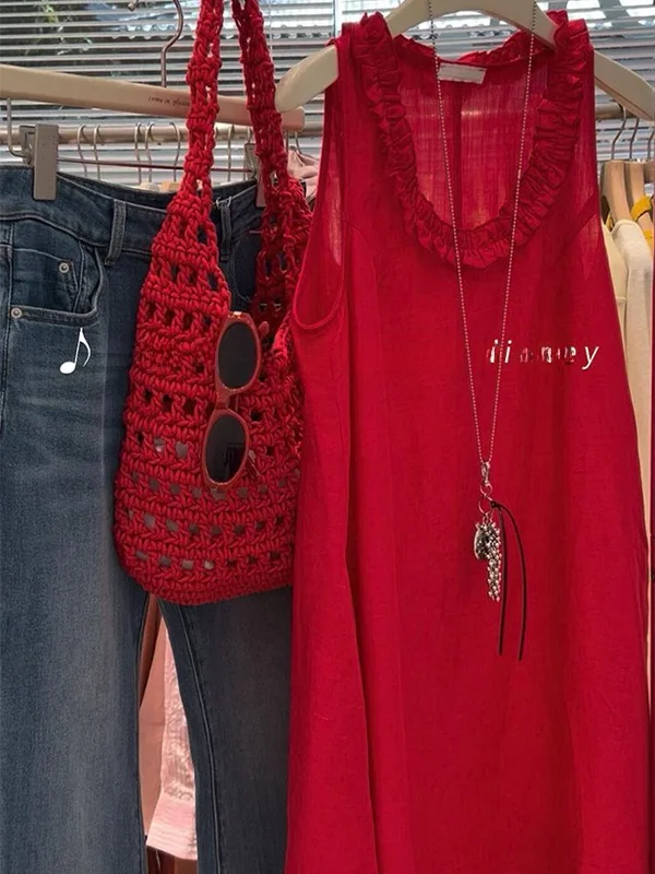 

plus Size Red Vest Dr Women's Summer Slimming Belly Cover U-Ne Skirt Wooden Ear Design Casual Loose Fit Midi Dr