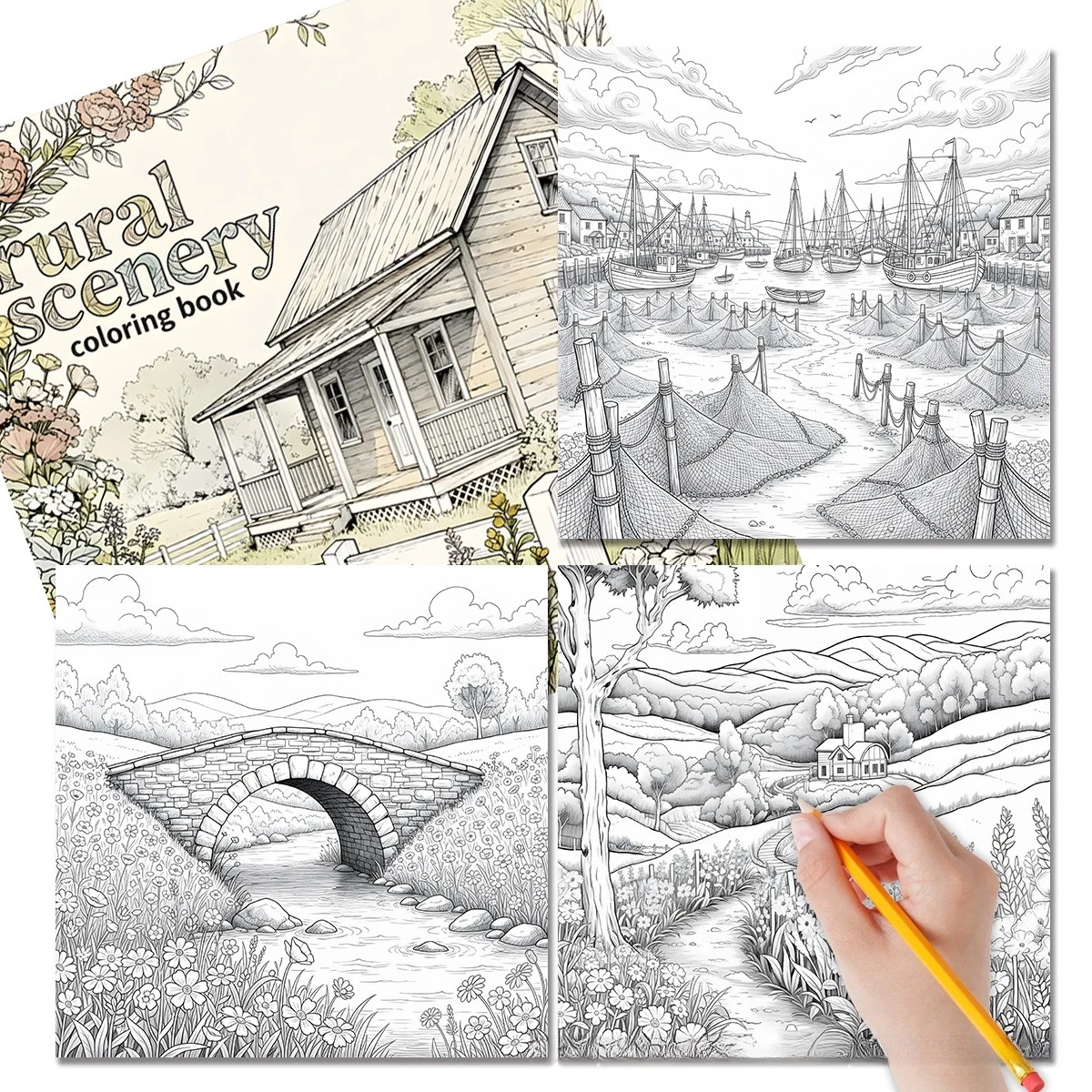 Scenery Coloring Book for Adults 24 Pages Beautiful Countryside Nature Scenes Stress Relief Relaxation Gift