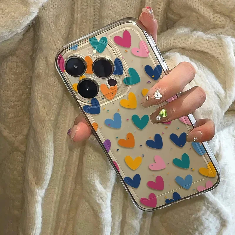 INS Colorful Love Heart Shaped Phone Case For iPhone 16 15 14 11 12 13 Pro Max Plus Mini XS XR 7 8 SE Smiling Clear Cover Fundas
