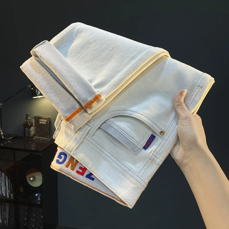 

white jeans 's autumn 2025 men's clothing trend small straight foot comfortable elastic casual light high-end streetwear
