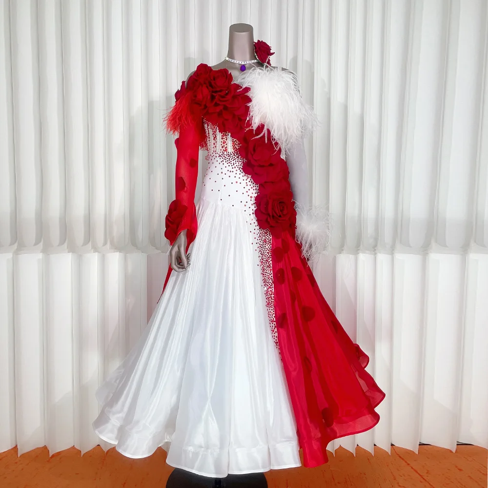 PEIDANCE New Arrival White And Red Color International Standard Ballroom Waltz Fox Trot Modern Dance Dress For Competetion 1193