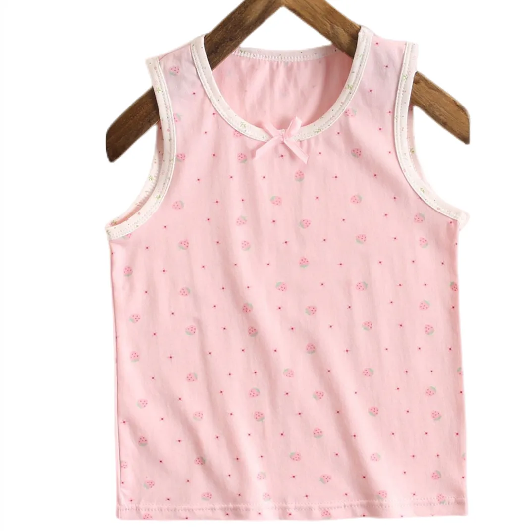 1pcs Kids Cotton Singlet Underwear Tank Floral Strawberry Prints Undershirts Breathable Tank Bow Tops  Size 100-150