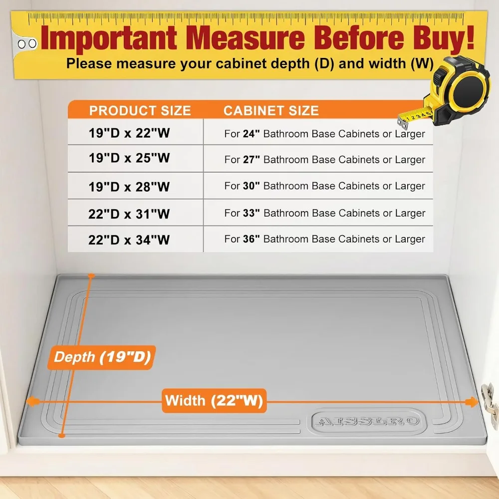 Waterproof Under Sink Mat 22"x19" - Silicone Cabinet Protector with Raised Edge, Leak Tray, Pet Feeding Mat, Gray view 2