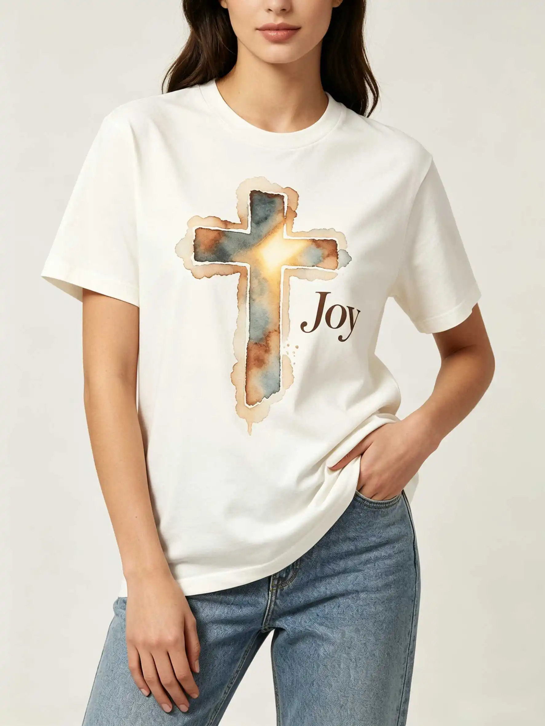 Summer Natural Cotton Watercolor Cross Joy Tee US Local Shipping Quiet Luxury Faith Gift S-5XL