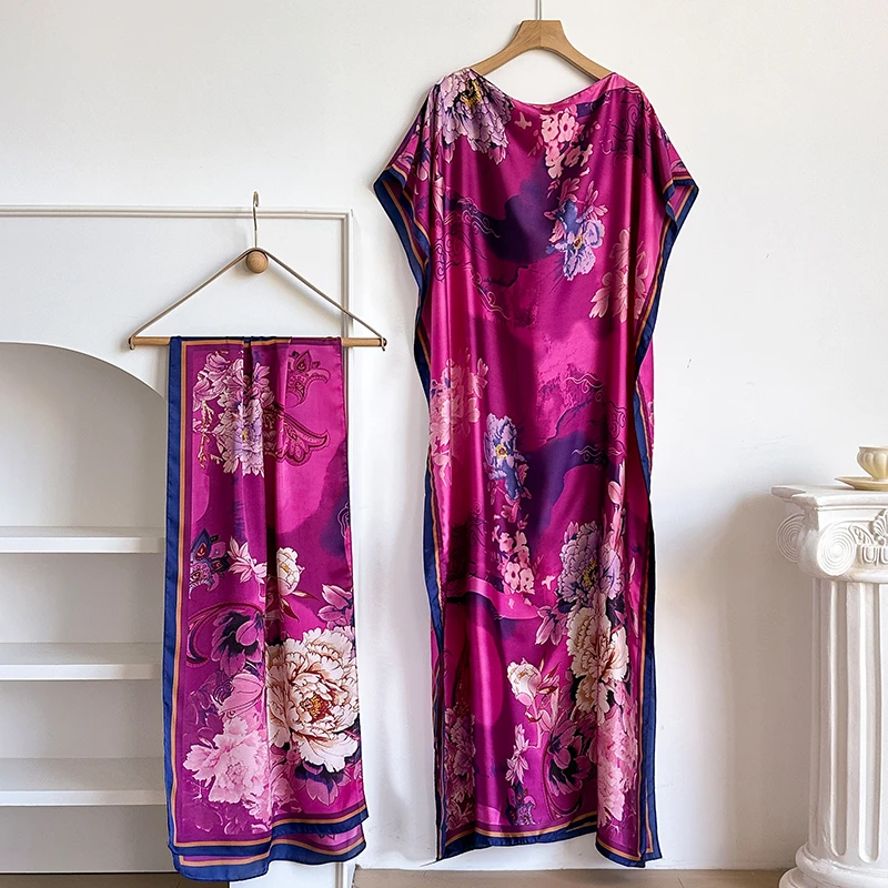 Nueva moda vestido de verano con bufanda grande Dubai Turquía Kaftan musulmán suelto Abaya mujeres africano Casual Maxi flor chal bata