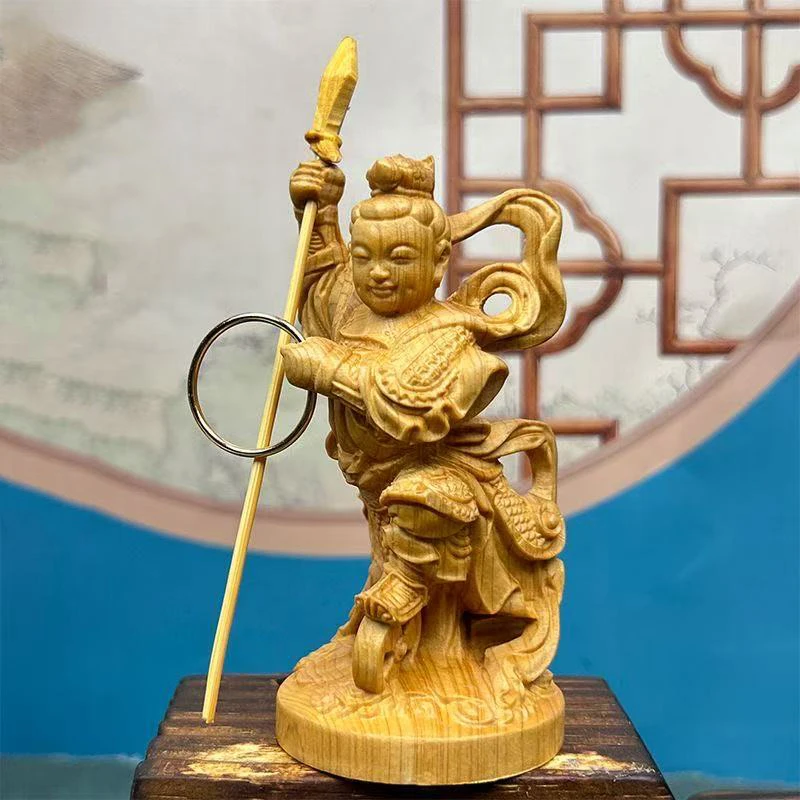 Natural Cypress Nezha Mythical figure statue- Solid Wood Carving Home Room Office Car Decoration Accessories 11cm / 4.32 in