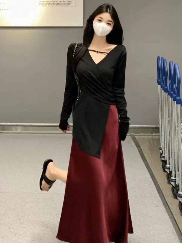 

Elegant Long Sleeve T-Shirt Women's Fashion Sun Protection Top Half Skirt Commute Set Sweet And Spicy Girl High End Feel