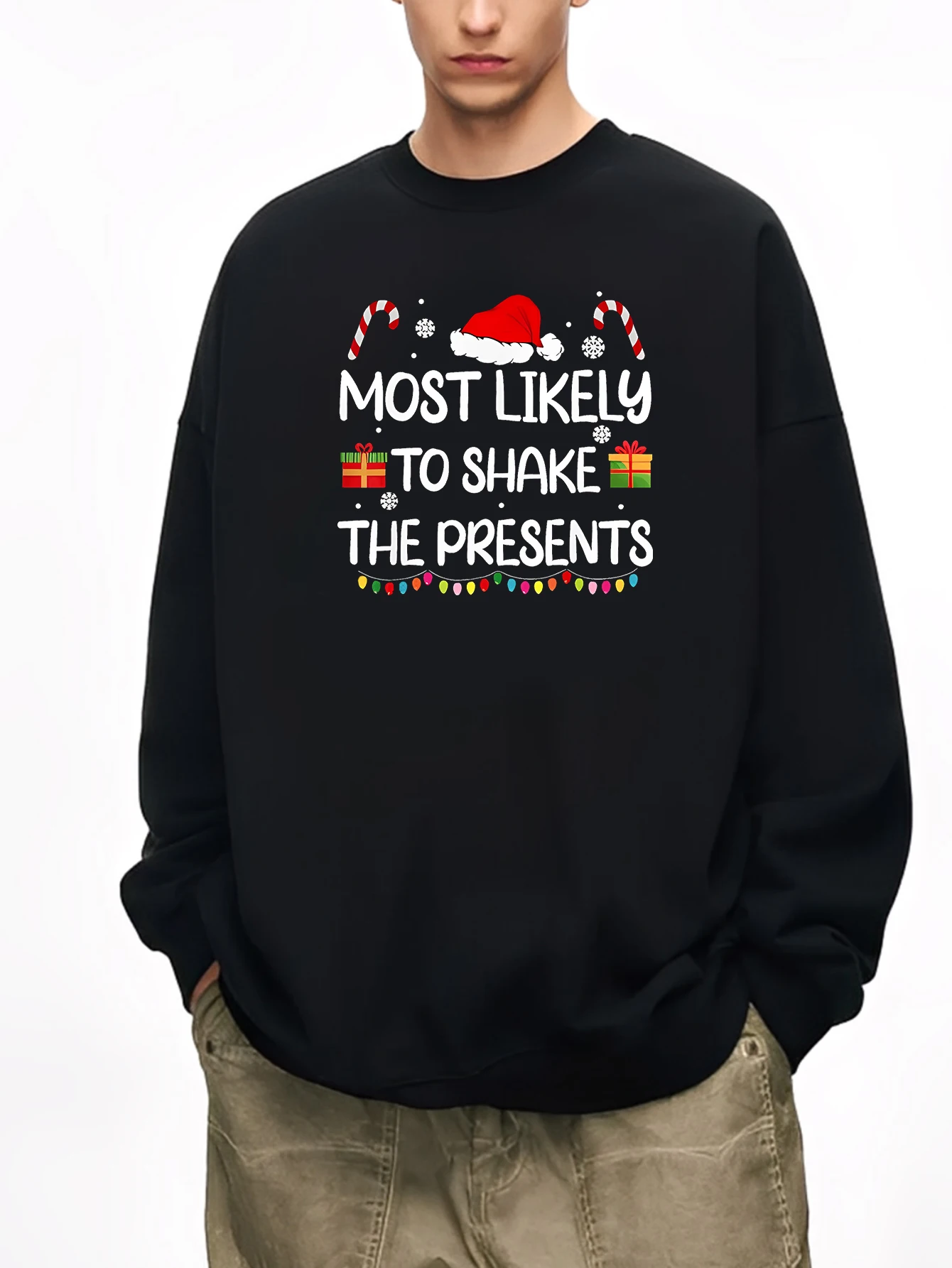 سترة عيد الميلاد السوداء برقبة دائرية "صندوق هدايا الأكثر نجاع" قبعة عيد الميلاد حزمة عطلة قصب الحلوى