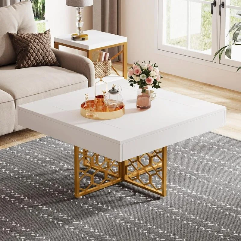 Square Coffee Table, Modern Coffee Table for Living Room White Tea Table with Gold Metal Frame