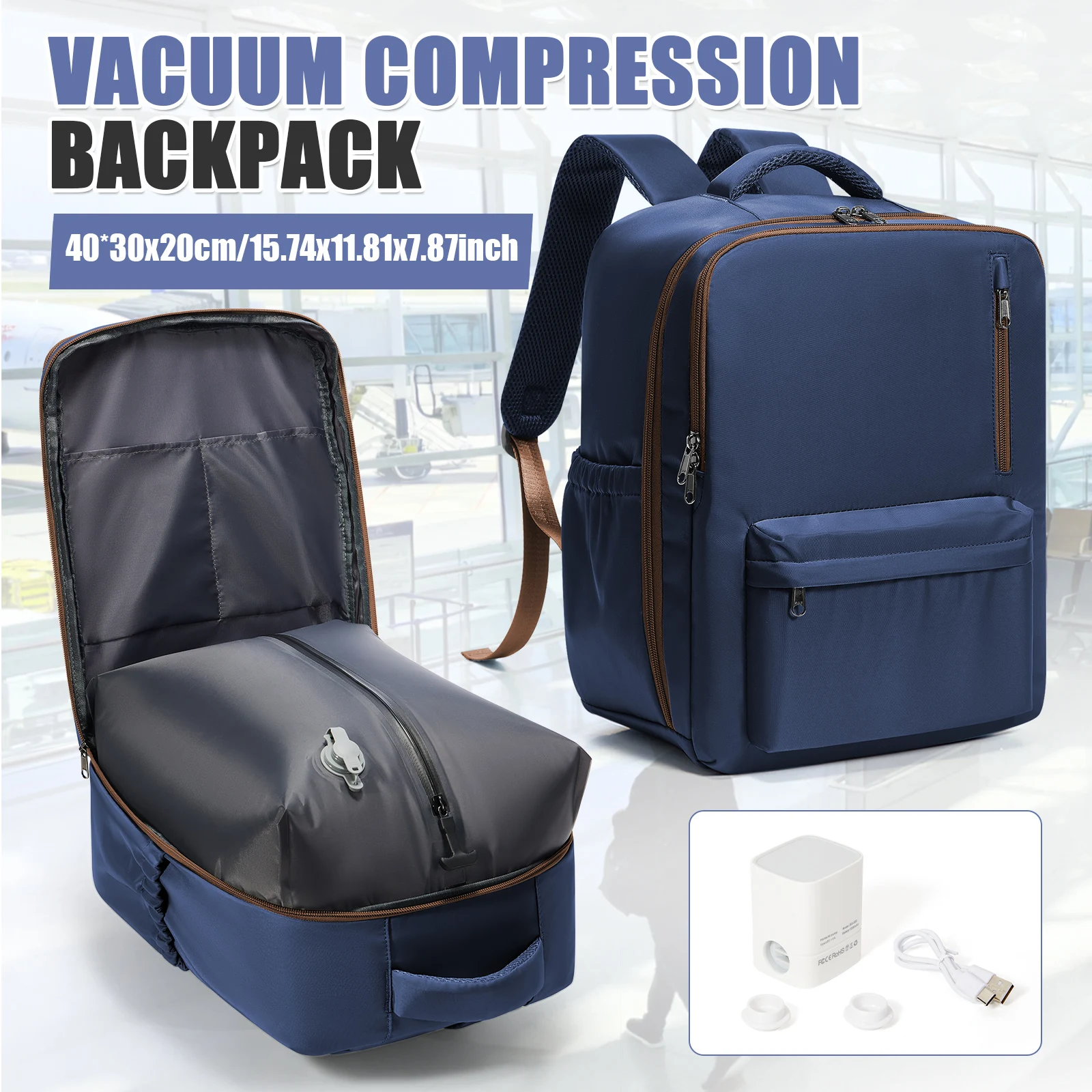 Ryanair Backpack 40x30x20 Airplane, Vacuum Compression Backpack with Pump，Laptop Cabin Backpack, Bag for Women Men, School Bag