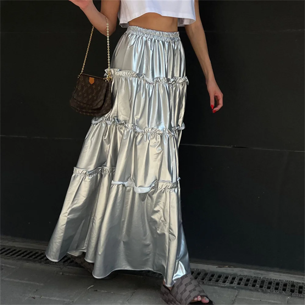 

Sliver PU Leather Ruffled Midi Tiered Skirt for Women 2023 Fashion High Elastic Waist Hem Cake A-line Skirt Streetwear