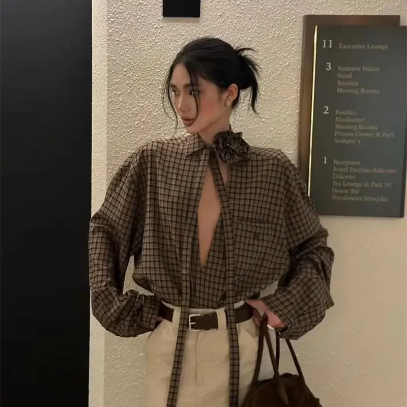 

Vintage Bright Line Decoration Floral Lacing Plaid Shirts Spring Autumn Winter Women Clothing Temperament Loose Long Sleeve Tops