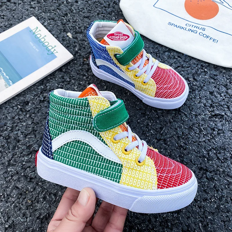

Children Canvas Shoes Casual Student Soft Bottom Anti-skid High Top Board Shoes Kids Fashion Hook and Loop Light Slip on Shoes