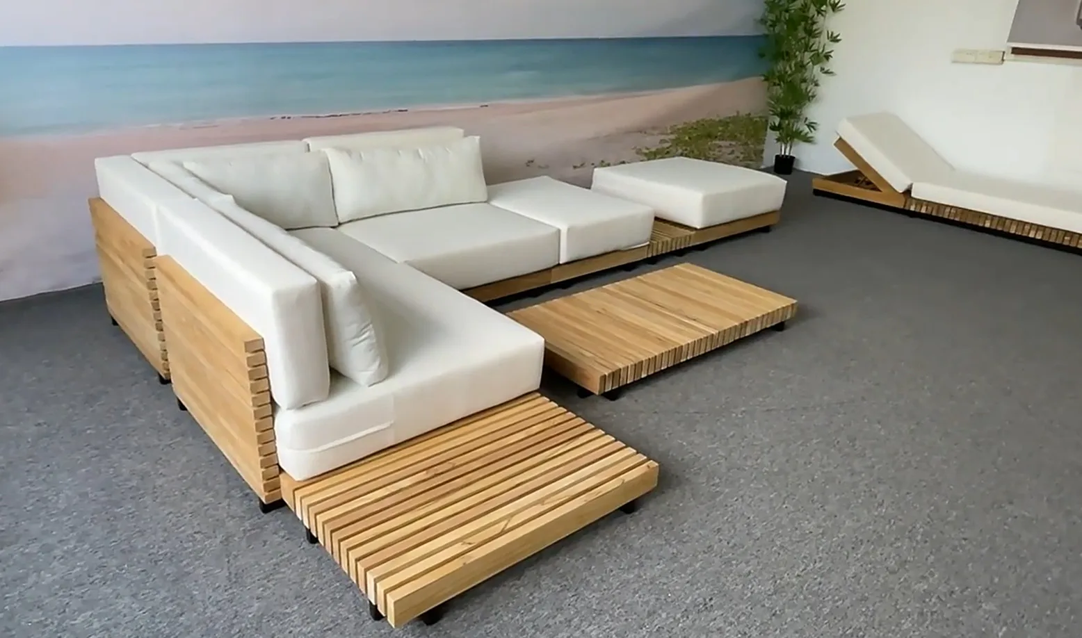 Outdoor Suit Modern Design Casual and Relaxing Cushion Seater with Teak Wood Waterproof Fabric Sofa Lounge