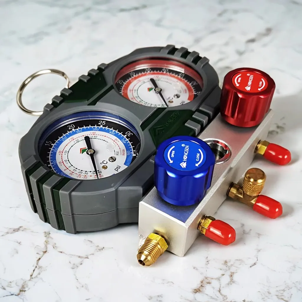 Medidor de líquido de ar condicionado HS-S60-102 R410A/R32 Medidor de pressão de neve refrigerante de mesa dupla fluorada