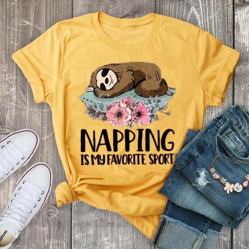 Napping Sloth Print T Shirt Women Short Sleeve O Neck Loose Tshirt Summer Women Tee Shirt Tops Camisetas Mujer