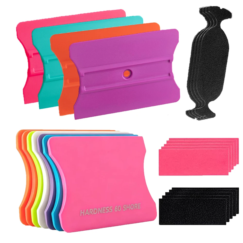 FOSHIO Flexible Plastic Card Squeegee Fabric Felt Edge Rounded‑Rectangle Vinyl Scraper Multi-Hardness Car Wrapping Squeegees