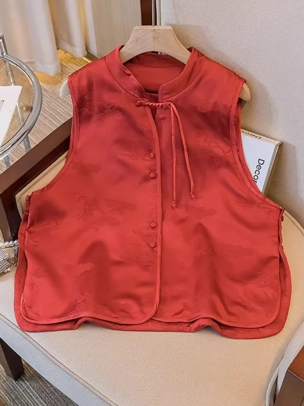 

Red New Chinese Sle Embroidered Button Vest Women's Spring Autumn plus Size Faionable Layered Wearable Tank Top