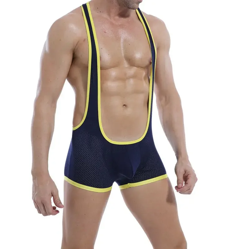 Mens Undershirts Mesh Open Butt Wrestling Singlet Leotard Male One-Piece Pajama Sexy Jockstrap Underwear Faux Leather Jumpsuit