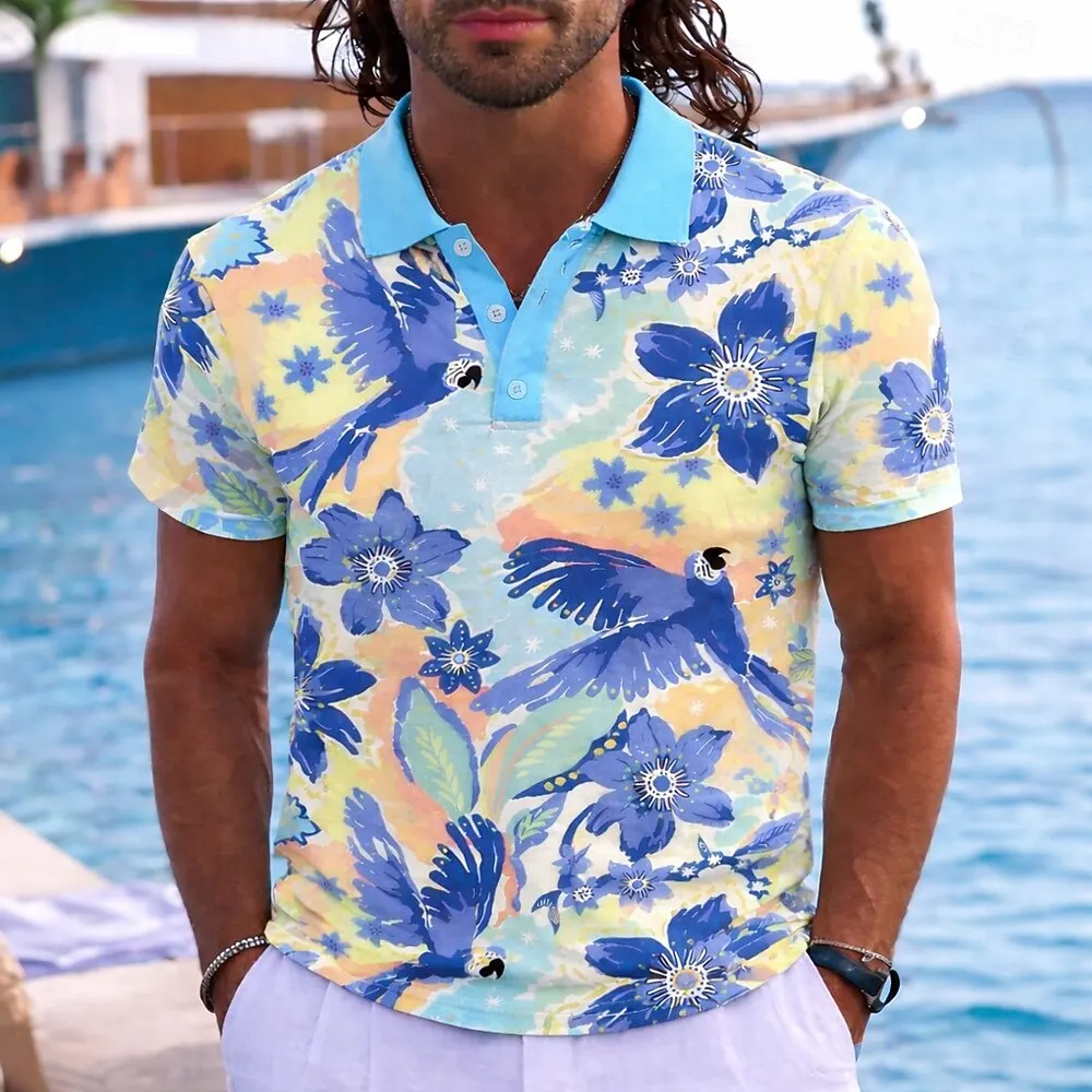 Men's Animal Hawaiian 3D Print Short Sleeve Polo Shirts Lapel Buttons Resort Vacation Wear Spring & Summer Blue Yellow Pink