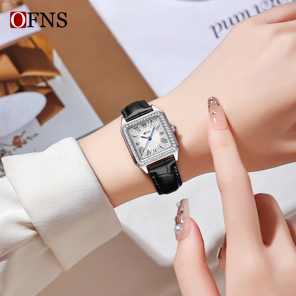 OFNS 1518 Damen-Quarzuhr, leicht, luxuriös, Diamant, quadratisch, elegant, römisch, wasserdicht, modische Trend-Armbanduhr für Damen, 2025