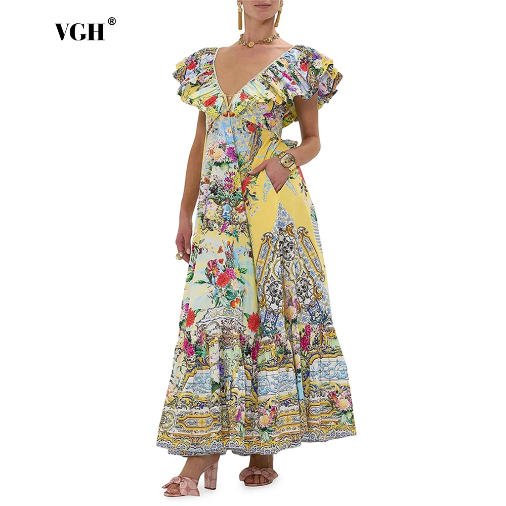 

VGH Colorblock Printing Bohemian Dress for Women V Neck Flying Sleeve High Waist Patchwork Folds Maxi Dresses Female Summer New