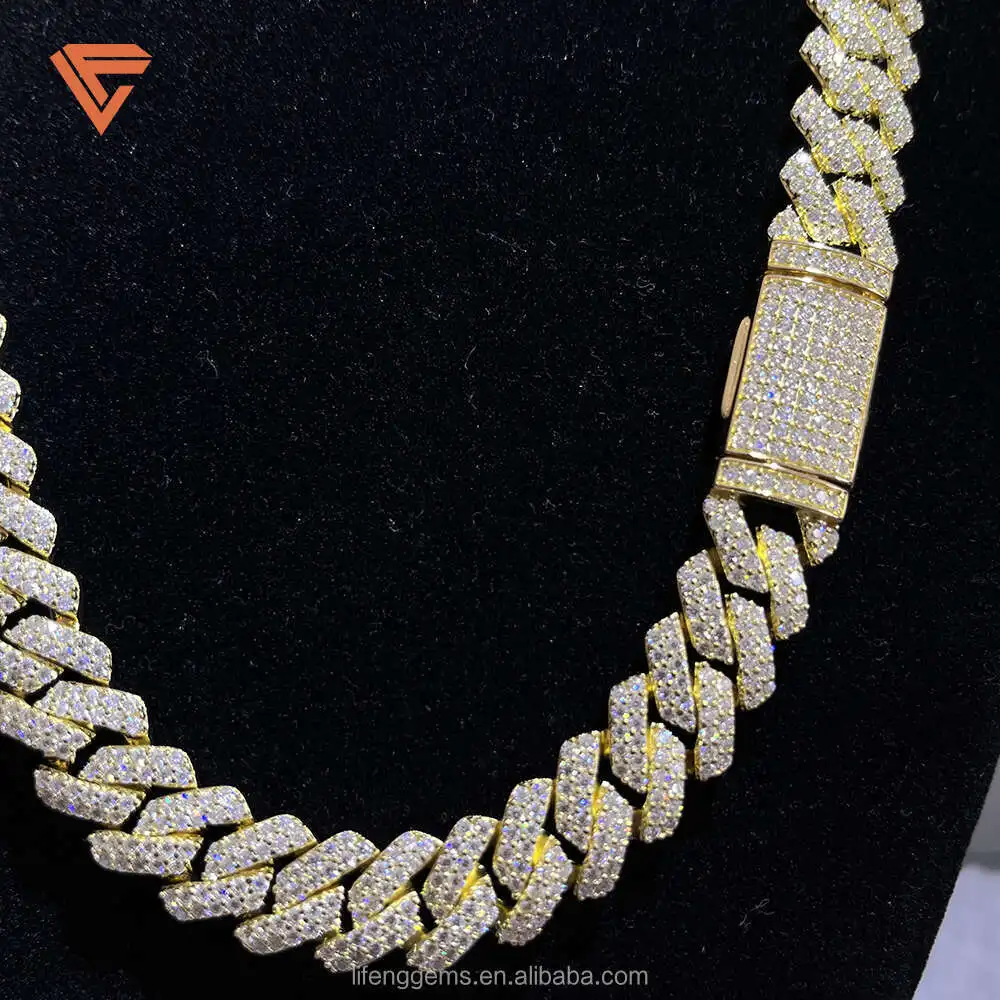 Fashion Jewelry 14 Mm Yellow Gold Plated 925 Sliver Vvs Moissanite Diamond Cuban Necklace Hip-hop Cuban Link Chain for Men