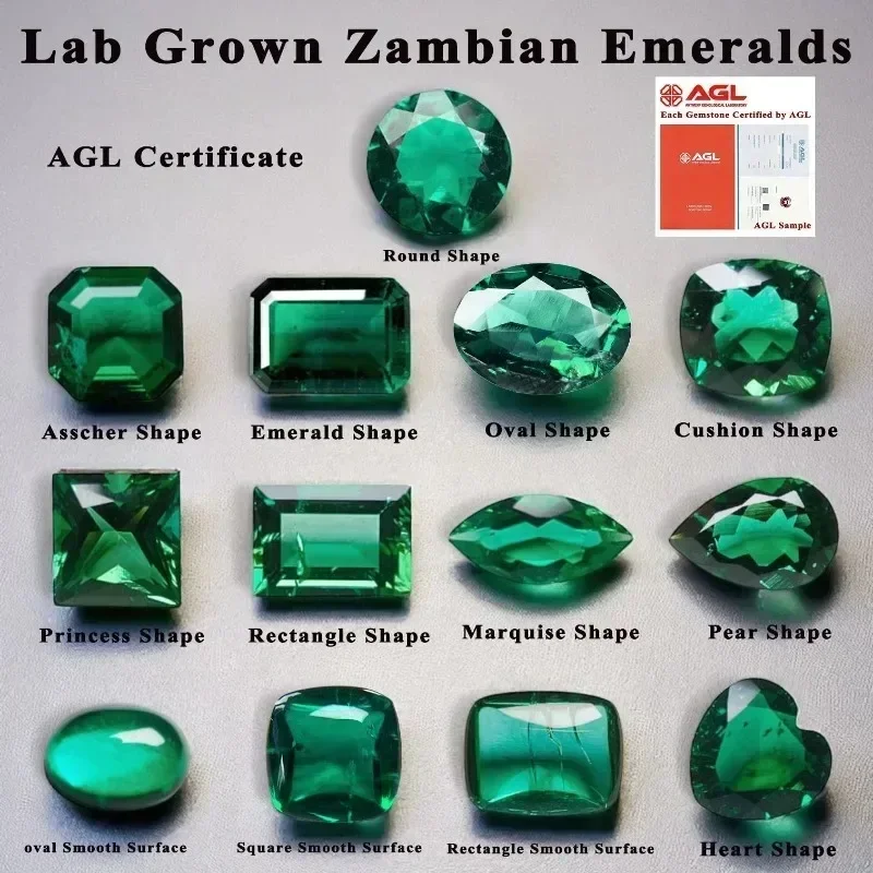

Lab Grown Zambian Emeralds Hydrothermal Hand Cutting Multiple shapes with Cracks Inclusions Inside Selectable Certificate